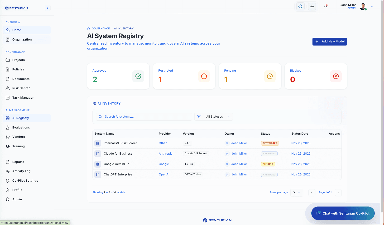 Senturian AI Governance platform — AI System Registry